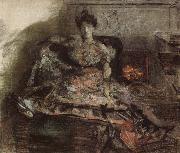 Mikhail Vrubel, Arter the concert:nadezhda zabela-Vrubel by the fireplace wearing a dress designed by the artist